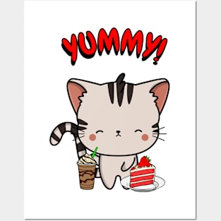 Cute tabby cat is having coffee and cake Posters and Art